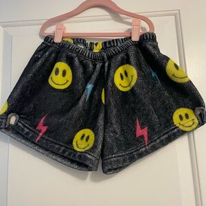 Black Fleece Shorts with Yellow Smiley Faces